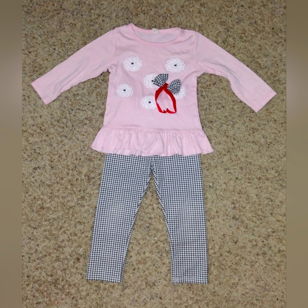 Cute Pink Matching black n white checkered Pants Girl 2pcs Outfits 3/4T